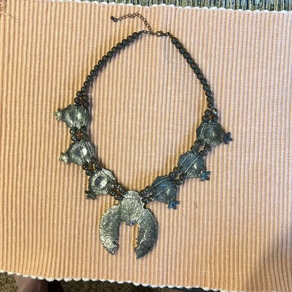 Turquoise Stone Squash Blossom Bib Necklace - Picture 2 of 3